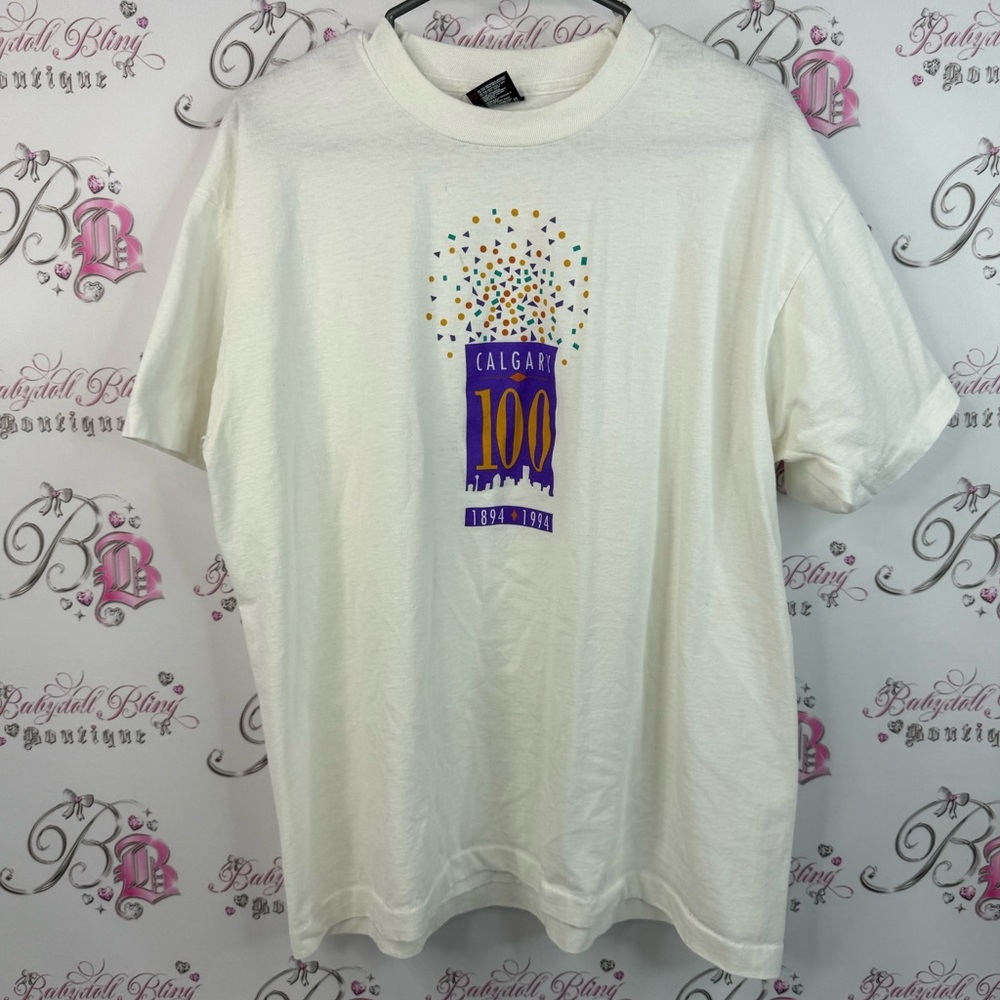 Best T-shirt 1894-1994 vintage top Calgary White T-Shirt with Sparkling Detail